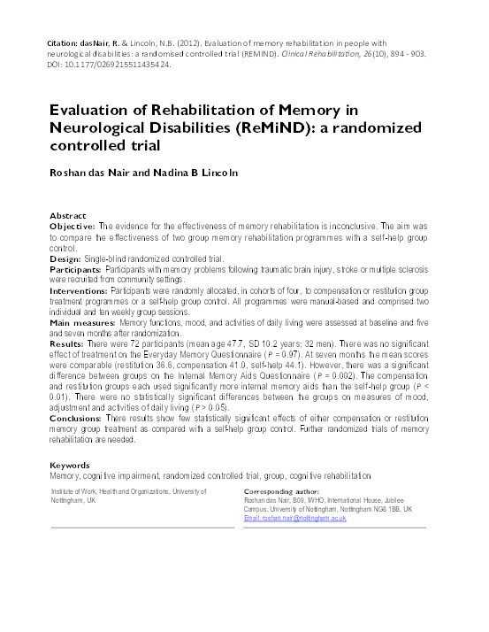 Evaluation of Rehabilitation of Memory in Neurological Disabilities (ReMiND): a randomized controlled trial Thumbnail