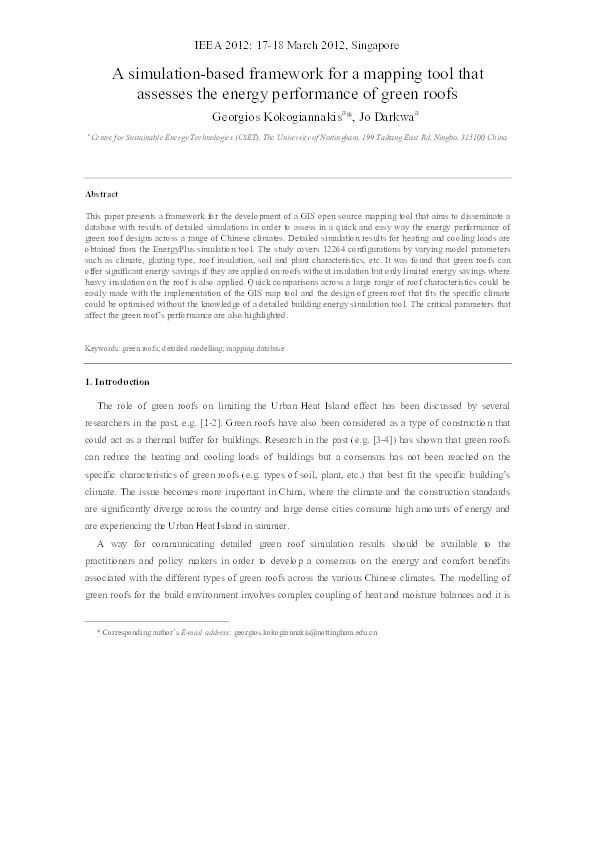 A simulation-based framework for a mapping tool that assesses the energy performance of green roofs Thumbnail