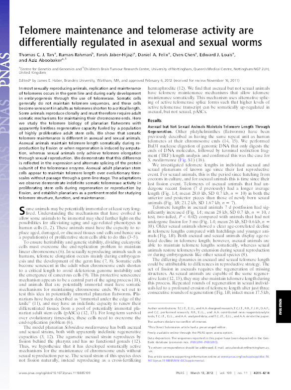 Telomere maintenance and telomerase activity are differentially regulated in asexual and sexual worms Thumbnail