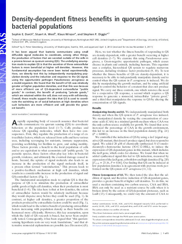 Density-dependent fitness benefits in quorum-sensing bacterial populations Thumbnail