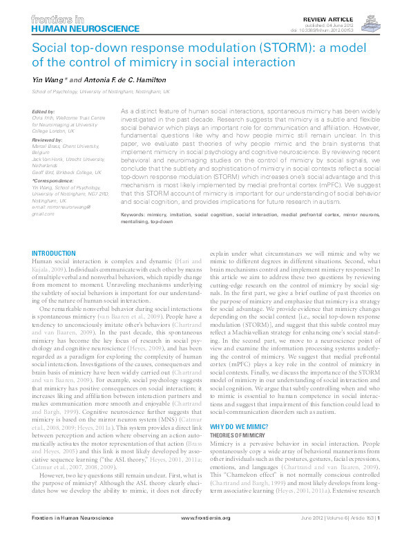 Social top-down response modulation (STORM): a model of the control of mimicry in social interaction Thumbnail