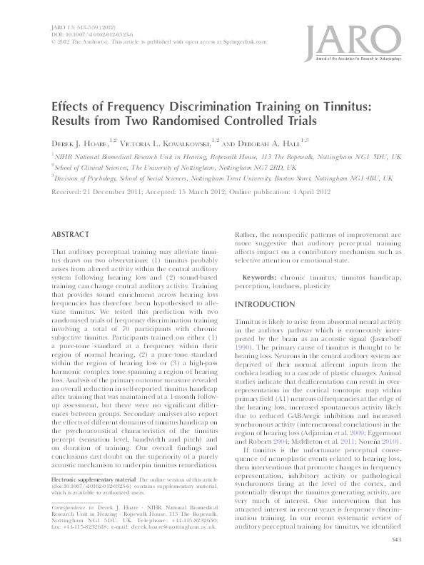 Effects of frequency discrimination training on tinnitus: results from two randomised controlled trials Thumbnail