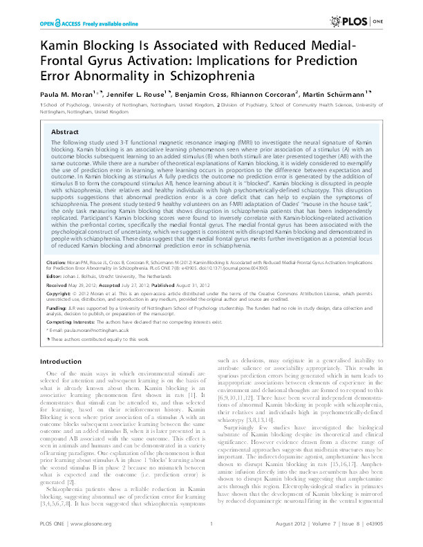 Kamin blocking is associated with reduced medial-frontal gyrus activation: implications for prediction error abnormality in schizophrenia Thumbnail