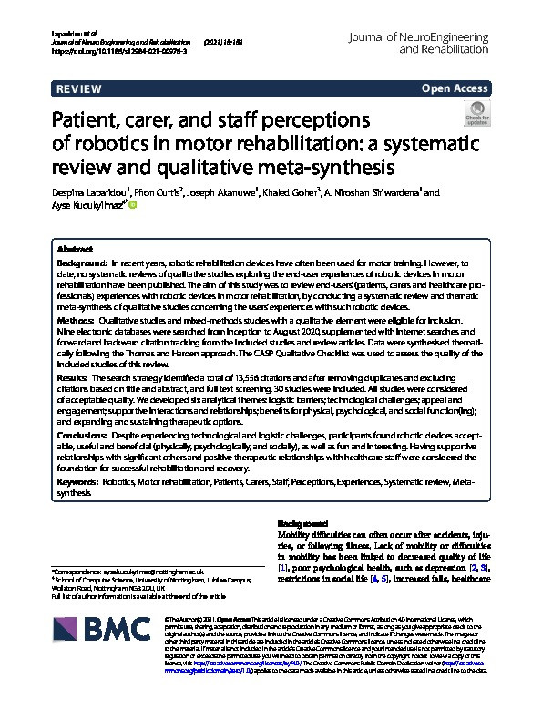 Patient, carer, and staff perceptions of robotics in motor rehabilitation: a systematic review and qualitative meta-synthesis Thumbnail