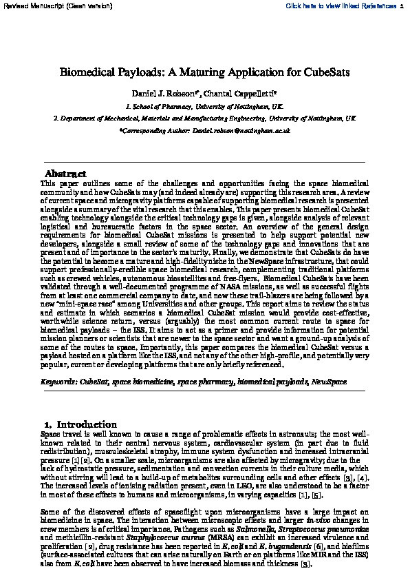 Biomedical payloads: A maturing application for CubeSats Thumbnail