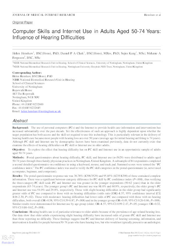 Computer skills and internet use in adults aged 50-74 years: influence of hearing difficulties Thumbnail