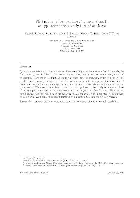 Fluctuations in the open time of synaptic channels: an application to noise analysis based on charge Thumbnail