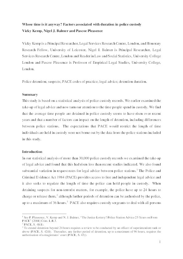 Whose time is it anyway?: factors associated with duration in police custody Thumbnail