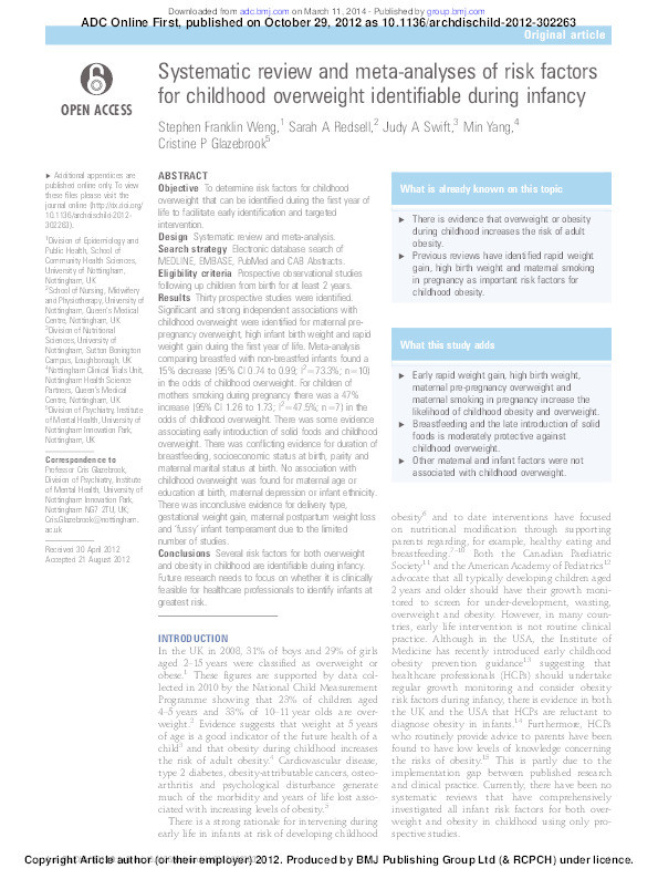 Systematic review and meta-analyses of risk factors for childhood overweight identifiable during infancy Thumbnail