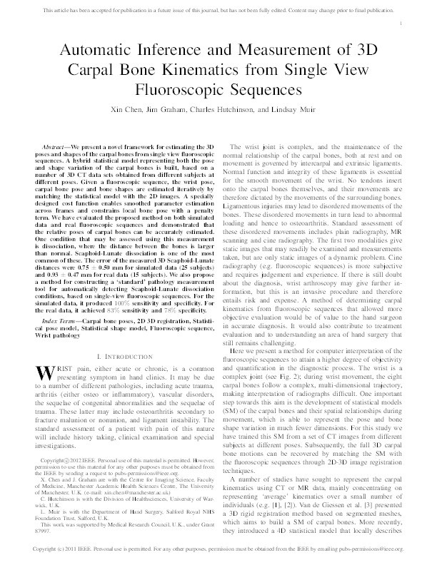 Automatic inference and measurement of 3D carpal bone kinematics from single view fluoroscopic sequences Thumbnail