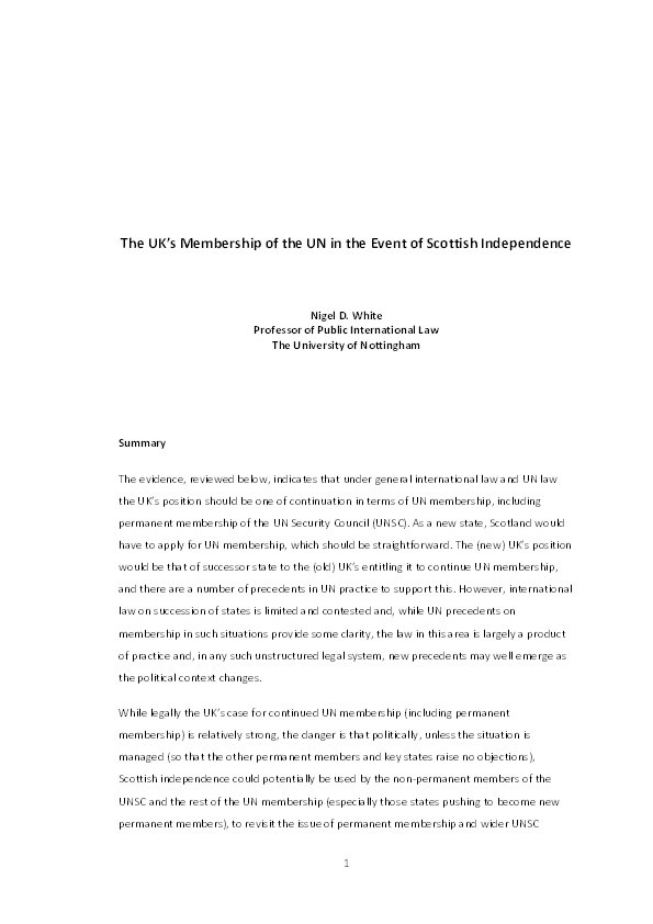 The UK's membership of the UN in the event of Scottish independence: written evidence given to the Foreign Affairs Committee of the House of Commons Thumbnail