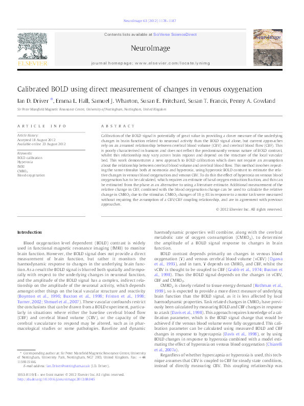 Calibrated BOLD using direct measurement of changes in venous oxygenation Thumbnail