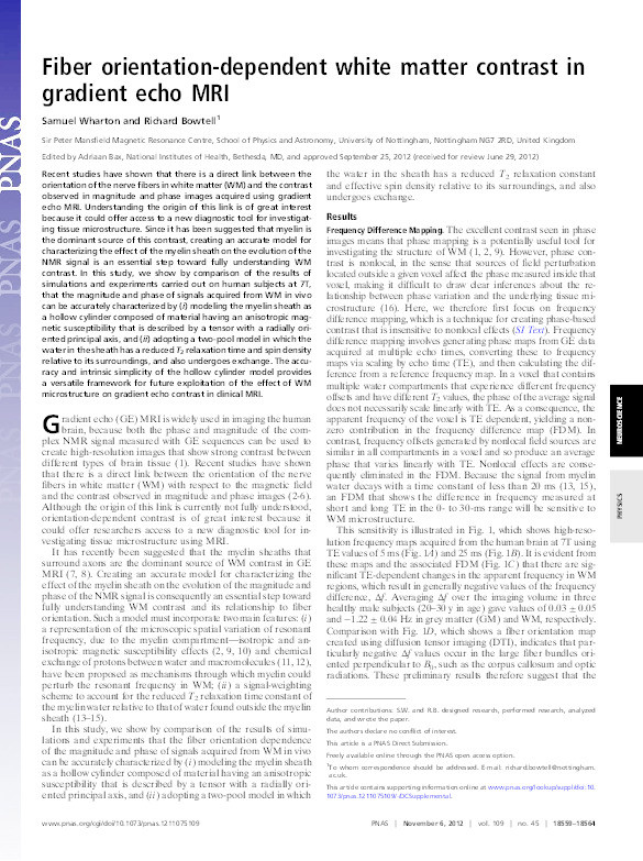 Fiber orientation-dependent white matter contrast in gradient echo MRI Thumbnail