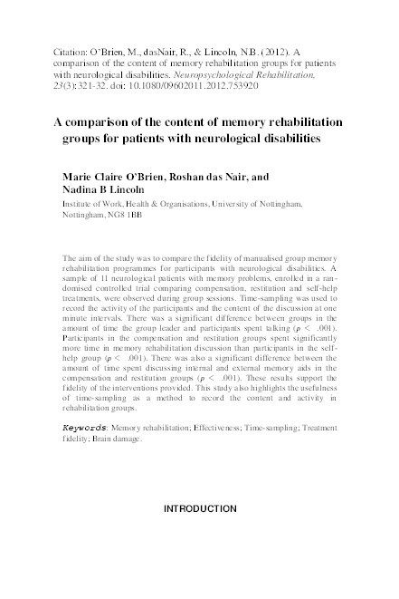 A comparison of the content of memory rehabilitation groups for patients with neurological disabilities Thumbnail