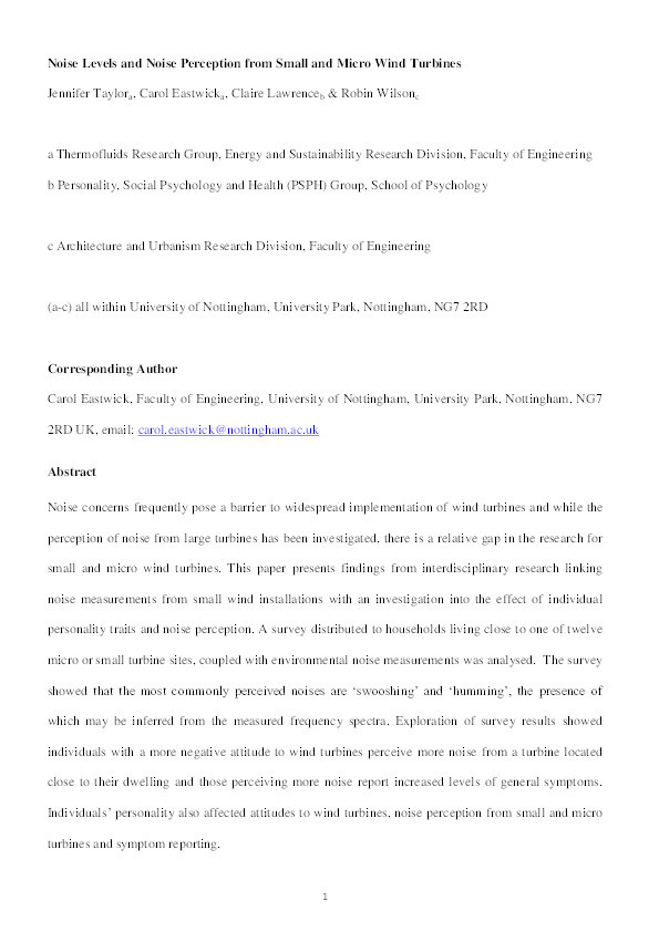 Noise levels and noise perception from small and micro wind turbines Thumbnail