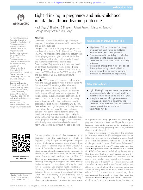 Light drinking in pregnancy and mid-childhood mental health and learning outcomes Thumbnail