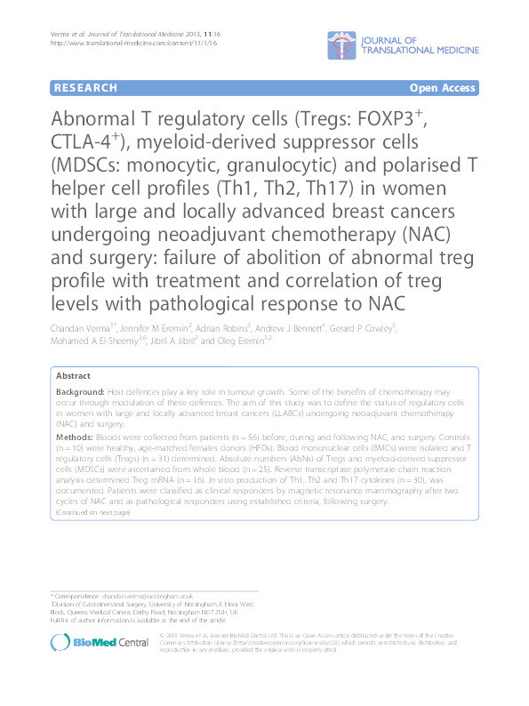 Abnormal T regulatory cells (Tregs: FOXP3+, CTLA-4+), myeloid-derived suppressor cells (MDSCs: monocytic, granulocytic) and polarised T helper cell profiles (Th1, Th2, Th17) in women with large and locally advanced breast cancers undergoing neoadjuvant chemotherapy (NAC) and surgery: failure of abolition of abnormal treg profile with treatment and correlation of treg levels with pathological response to NAC Thumbnail