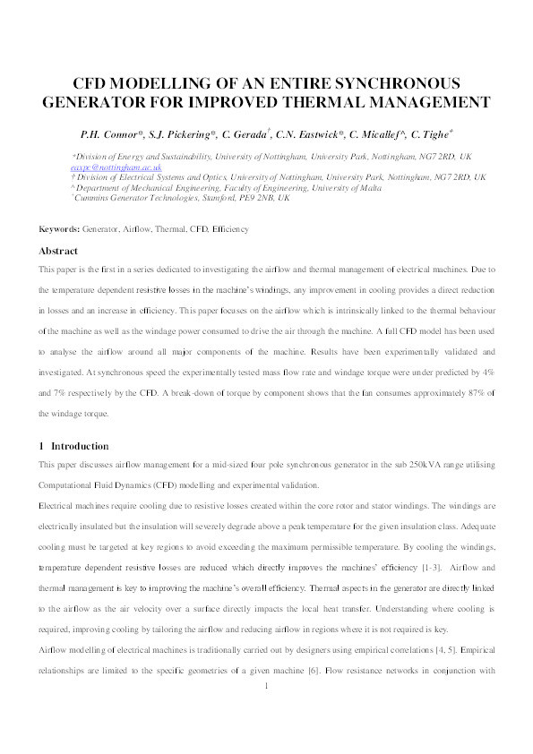 Computational fluid dynamics modelling of an entire synchronous generator for improved thermal management Thumbnail