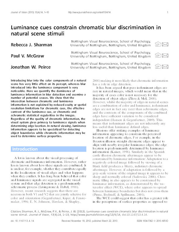 Luminance cues constrain chromatic blur discrimination in natural scene stimuli Thumbnail