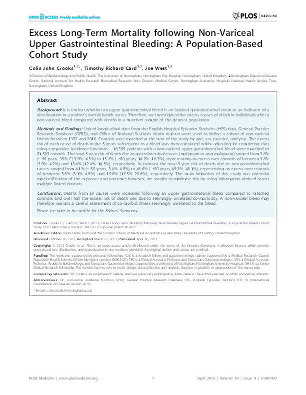 Excess long-term mortality following non-variceal upper gastrointestinal bleeding: a population-based cohort study Thumbnail