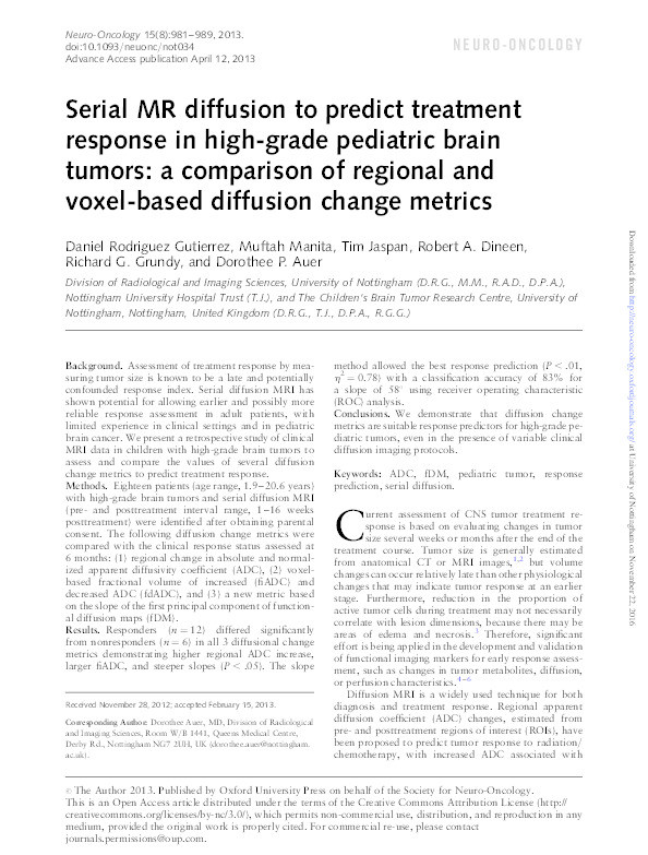 Serial MR diffusion to predict treatment response in high-grade pediatric brain tumors: a comparison of regional and voxel-based diffusion change metrics Thumbnail