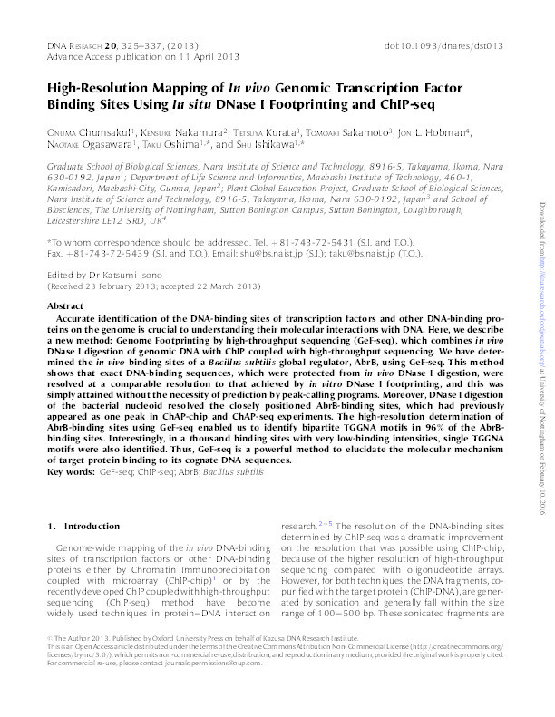 High-resolution mapping of in vivo genomic transcription factor binding sites using in situ DNase I footprinting and ChIP-seq Thumbnail