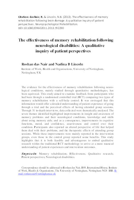 The effectiveness of memory rehabilitation following neurological disabilities: a qualitative inquiry of patient perspectives Thumbnail