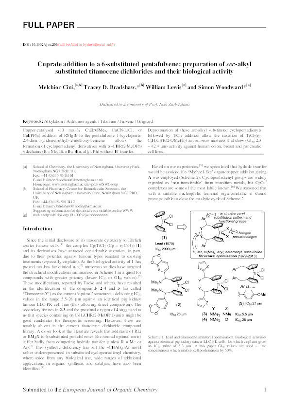 Cuprate addition to a 6-substituted pentafulvene: preparation of sec-alkyl substituted titanocene dichlorides and their biological activity Thumbnail