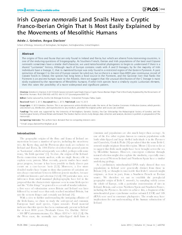 Irish Cepaea nemoralis land snails have a cryptic Franco-Iberian origin that is most easily explained by the movements of mesolithic humans Thumbnail