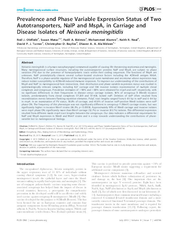 Prevalence and phase variable expression status of two autotransporters, NalP and MspA, in carriage and disease isolates of Neisseria meningitidis Thumbnail
