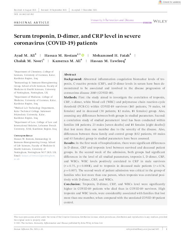 Serum troponin, D‐dimer, and CRP level in severe coronavirus (COVID‐19) patients Thumbnail