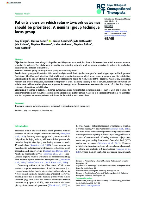 Patients views on which return-to-work outcomes should be prioritised: A nominal group technique focus group Thumbnail