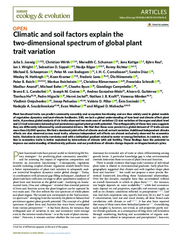 Climatic and soil factors explain the two-dimensional spectrum of global plant trait variation Thumbnail