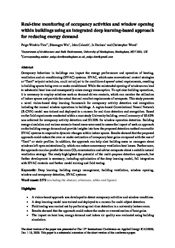 Real-time monitoring of occupancy activities and window opening within buildings using an integrated deep learning-based approach for reducing energy demand Thumbnail