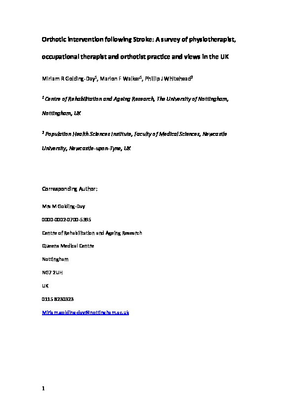 Orthotic intervention following stroke: a survey of physiotherapist, occupational therapist and orthotist practice and views in the UK Thumbnail