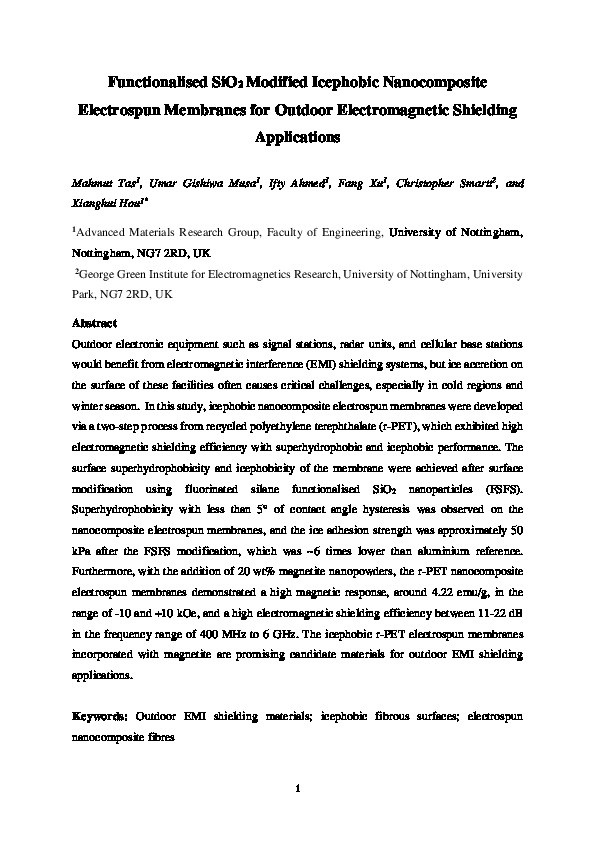 Functionalised SiO2 modified icephobic nanocomposite electrospun membranes for outdoor electromagnetic shielding applications Thumbnail