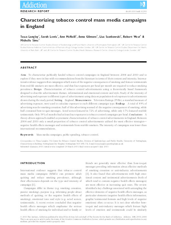 Characterizing tobacco control mass media campaigns in England Thumbnail