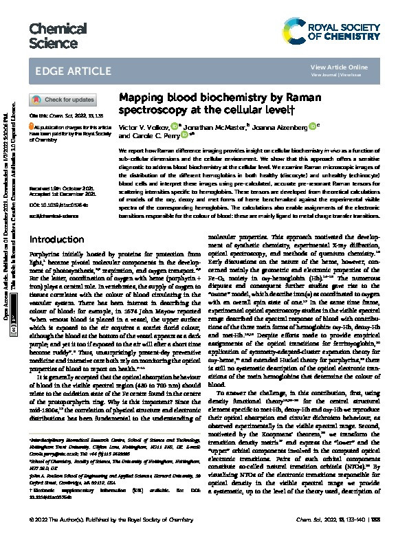 Mapping blood biochemistry by Raman spectroscopy at the cellular level Thumbnail