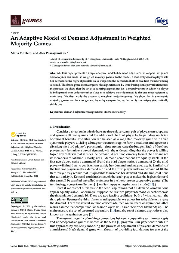 An Adaptive Model of Demand Adjustment in Weighted Majority Games Thumbnail