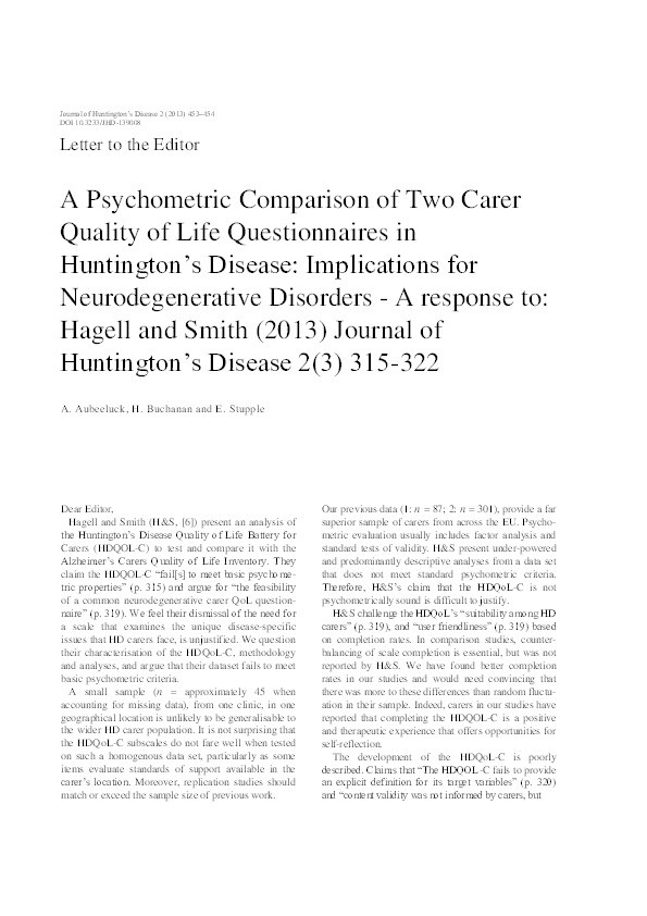 A psychometric comparison of two carer quality of life questionnaires in Huntington's disease: implications for neurodegenerative disorders - a response to: Hagell and Smith (2013) Journal of Huntington’s Disease 2(3) 315-322 Thumbnail