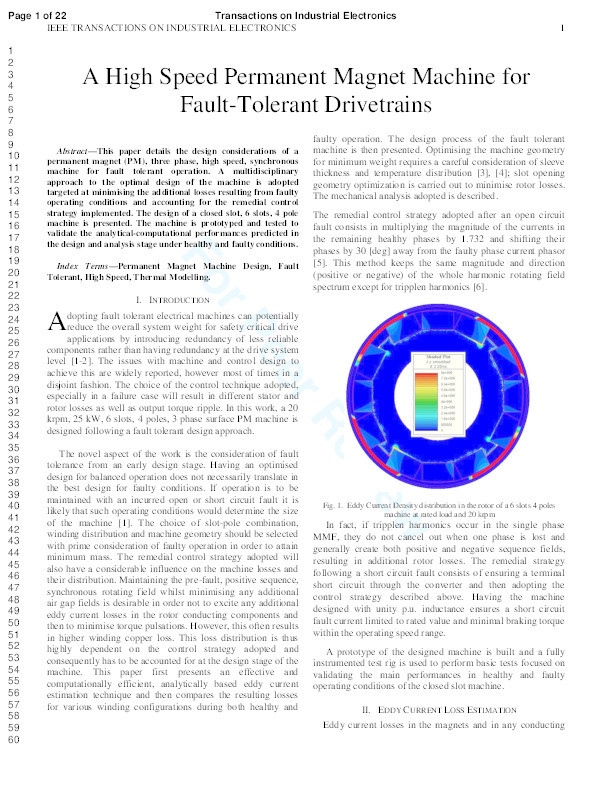 A high-speed permanent-magnet machine for fault-tolerant drivetrains Thumbnail