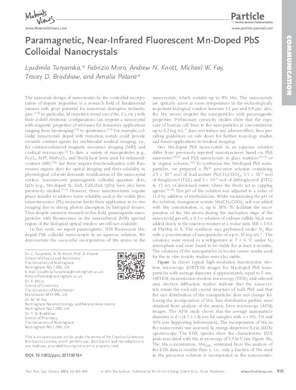 Paramagnetic, near-infrared fluorescent Mn-doped PbS colloidal nanocrystals Thumbnail