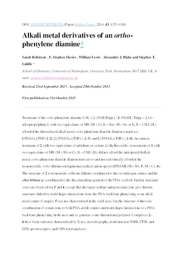 Alkali metal derivatives of an ortho-phenylene diamine Thumbnail