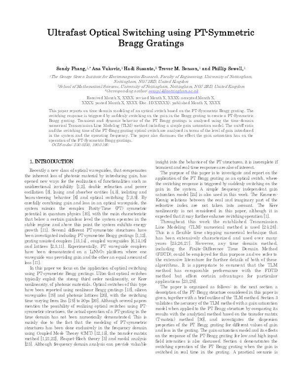 Ultrafast optical switching using parity-time symmetric Bragg gratings Thumbnail