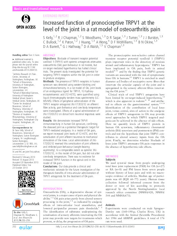 Increased function of pronociceptive TRPV1 at the level of the joint in a rat model of osteoarthritis pain Thumbnail