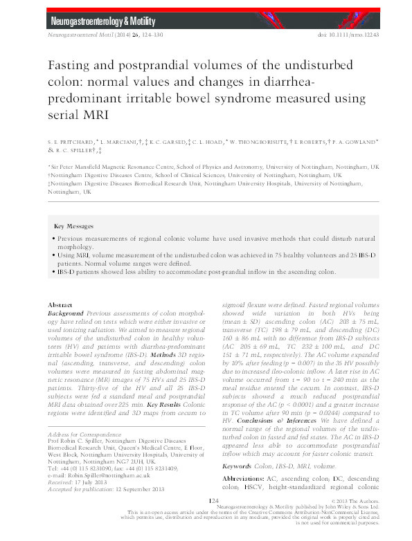 Fasting and postprandial volumes of the undisturbed colon: normal values and changes in diarrhea-predominant irritable bowel syndrome measured using serial MRI Thumbnail