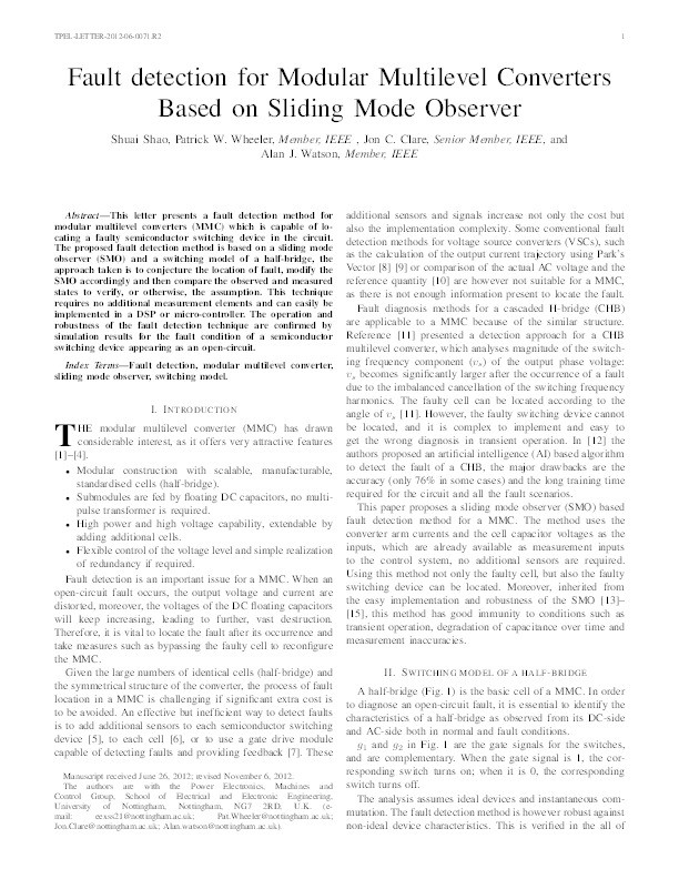 Fault detection for modular multilevel converters based on sliding mode observer Thumbnail