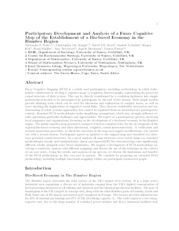 Participatory development and analysis of a fuzzy cognitive map of the establishment of a bio-based economy in the Humber Region Thumbnail