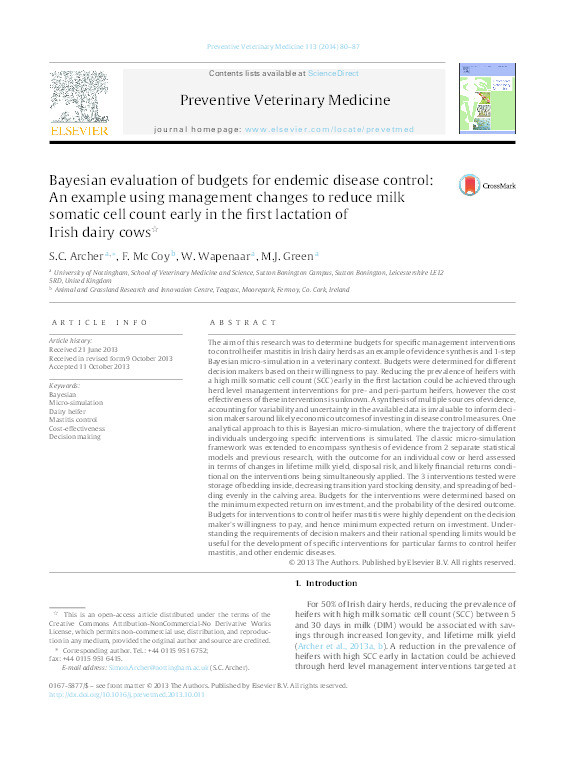 Bayesian evaluation of budgets for endemic disease control: an example using management changes to reduce milksomatic cell count early in the first lactation of Irish dairy cows Thumbnail