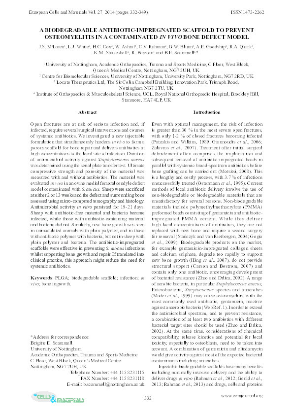 A biodegradable antibiotic-impregnated scaffold to prevent osteomyelitis in a contaminated in vivo bone defect model Thumbnail